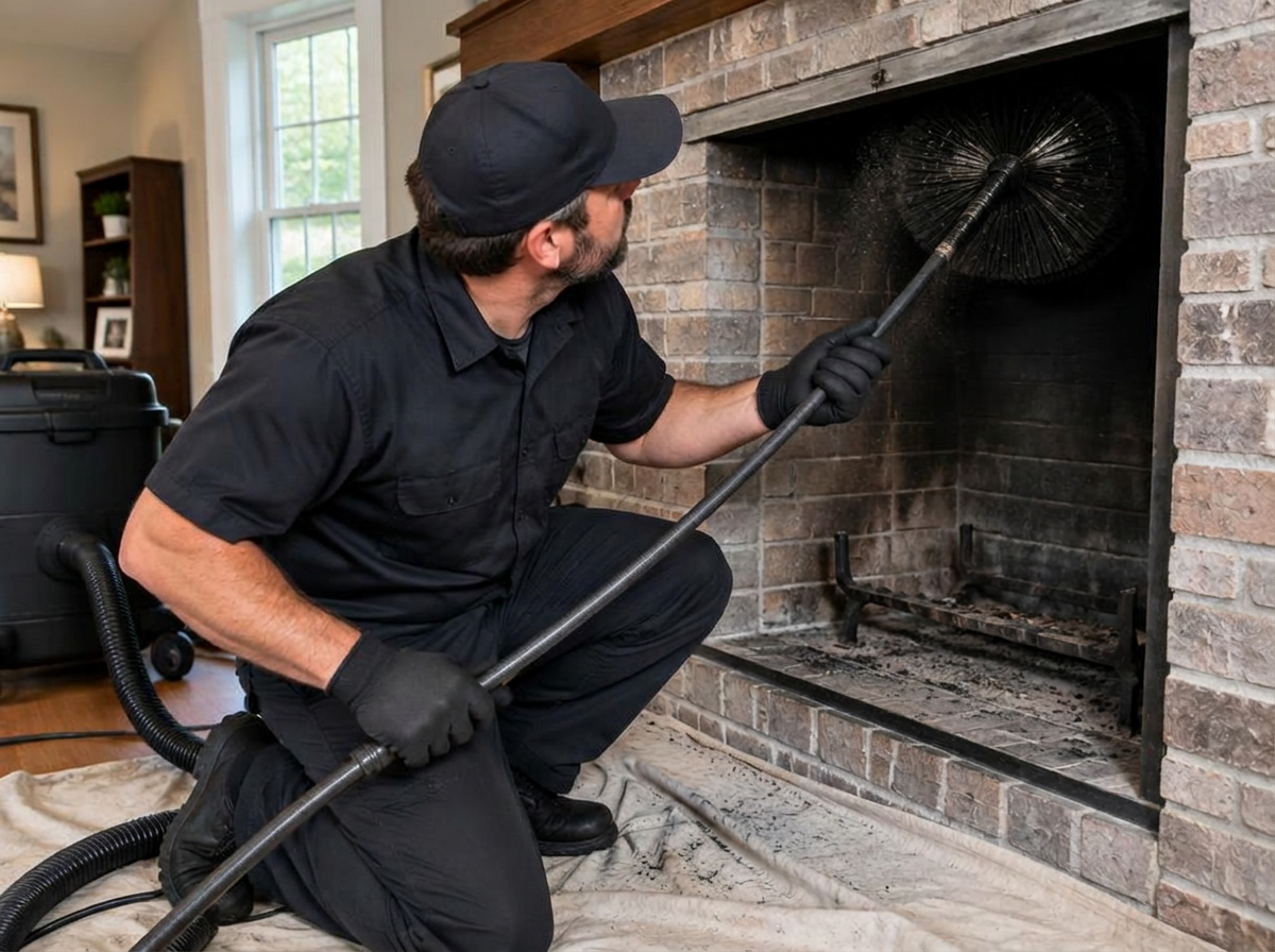 Chimney sweep technician cleaning a flue in Los Angeles